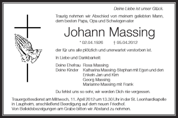 Anzeige von Johann Massing von Schwäbische Zeitung
