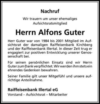Anzeige von Alfons Guter von Schwäbische Zeitung