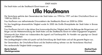 Anzeige von Ulla Haußmann von Schwäbische Zeitung