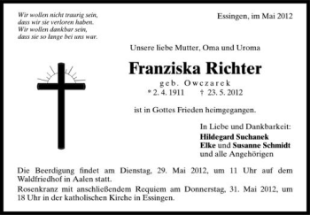 Anzeige von Franziska Richter von Schwäbische Zeitung