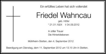 Anzeige von Friedel Wahncau von Schwäbische Zeitung