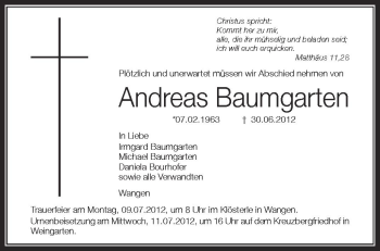 Anzeige von Andreas Baumgarten von Schwäbische Zeitung