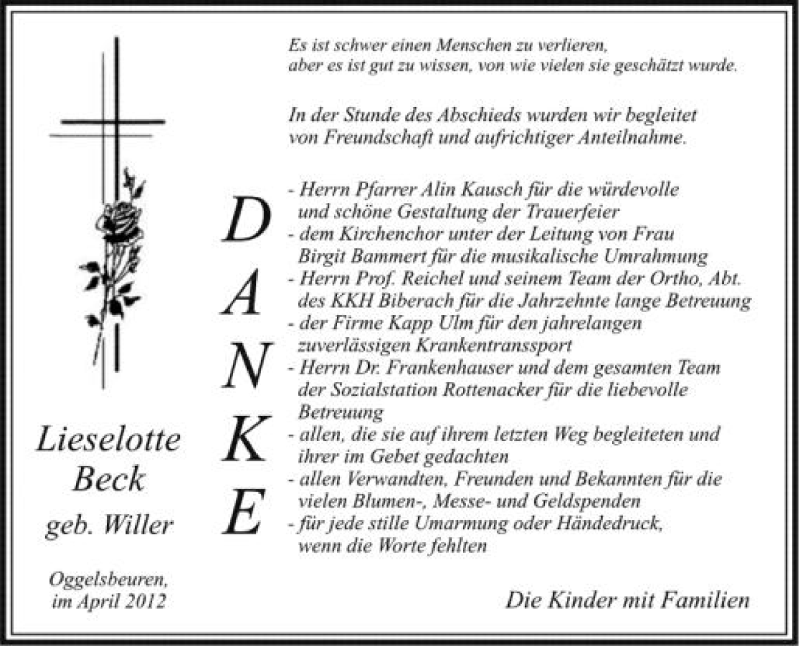  Traueranzeige für Lieselotte Beck vom 04.05.2012 aus Schwäbische Zeitung
