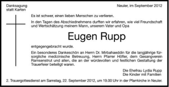 Anzeige von Eugen Rupp von Schwäbische Zeitung