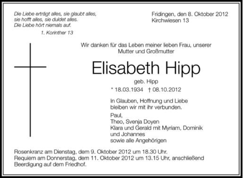  Traueranzeige für Elisabeth Hipp vom 09.10.2012 aus Schwäbische Zeitung