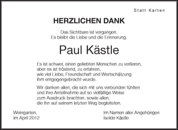 Anzeige von Paul Kästle von Schwäbische Zeitung