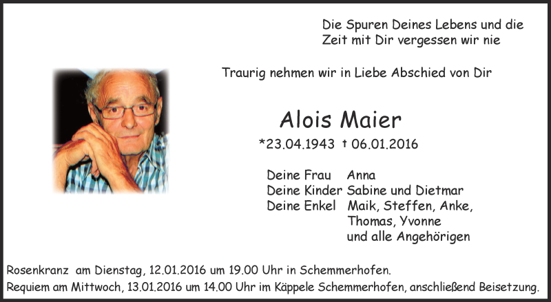  Traueranzeige für Alois Maier vom 11.01.2016 aus Schwäbische Zeitung