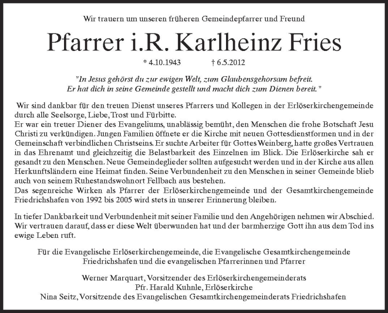 Traueranzeige für Karlheinz Fries vom 12.05.2012 aus Schwäbische Zeitung