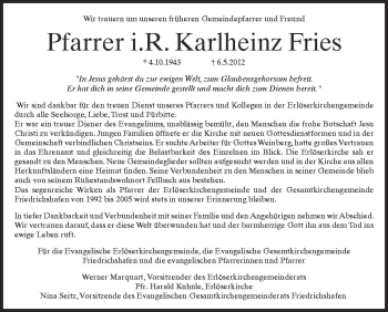 Anzeige von Karlheinz Fries von Schwäbische Zeitung