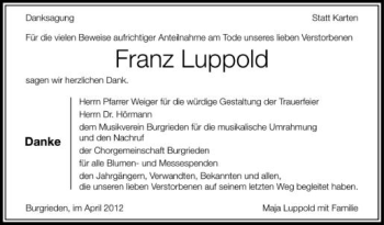 Anzeige von Franz Luppold von Schwäbische Zeitung
