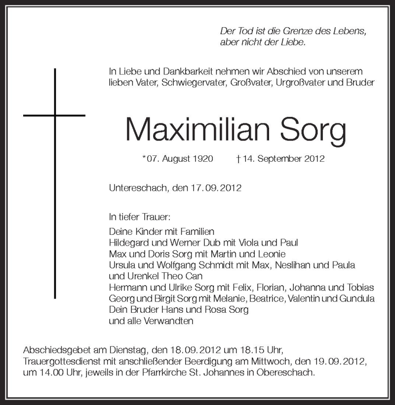  Traueranzeige für Maximilian Sorg vom 17.09.2012 aus Schwäbische Zeitung