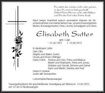 Anzeige von Elisabeth Sutter von Schwäbische Zeitung