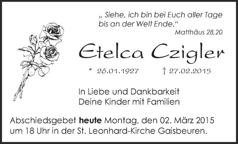  Traueranzeige für Etelca Czigler vom 02.03.2015 aus Schwäbische Zeitung