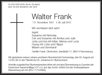Anzeige von Walter Frank von Schwäbische Zeitung