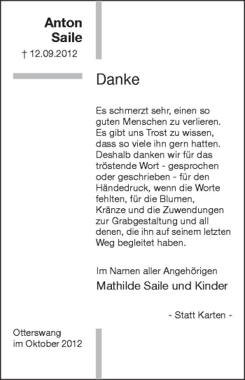 Anzeige von Anton Saile von Schwäbische Zeitung