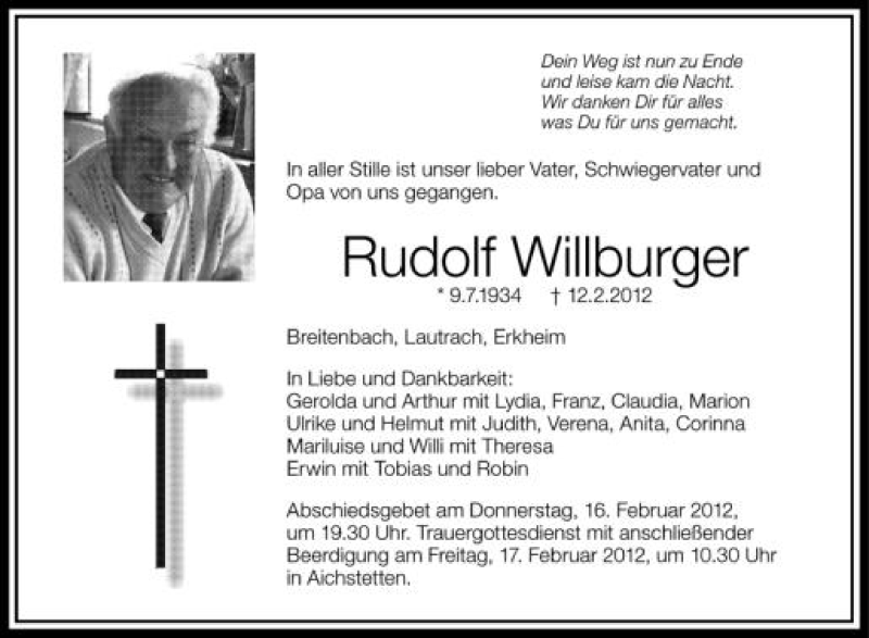  Traueranzeige für Rudolf Willburger vom 15.02.2012 aus Schwäbische Zeitung
