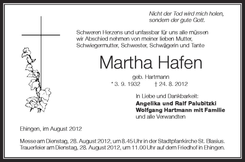  Traueranzeige für Martha Hafen vom 27.08.2012 aus Schwäbische Zeitung
