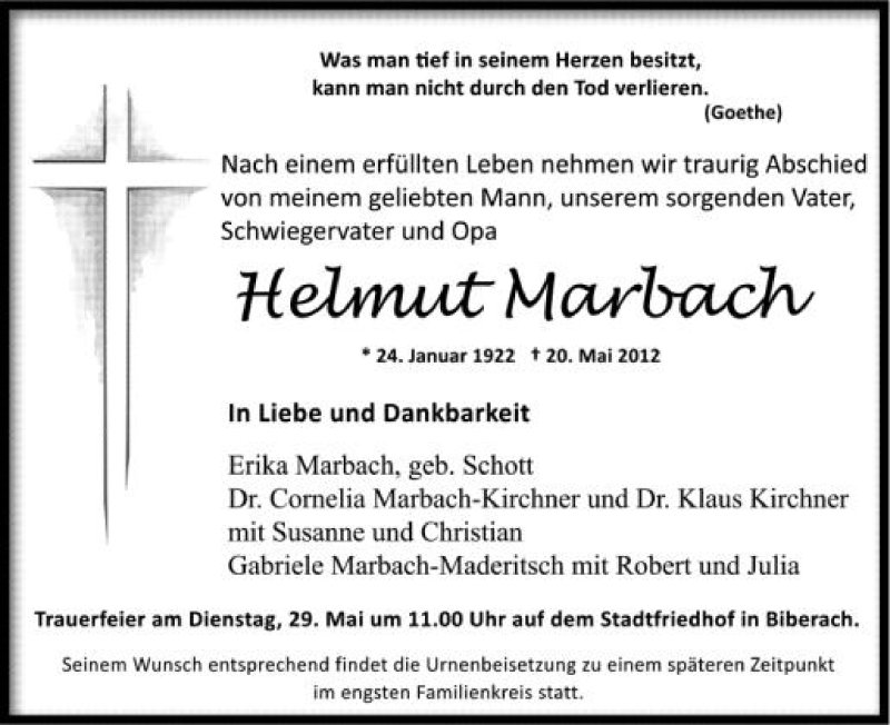  Traueranzeige für Helmut Marbach vom 26.05.2012 aus Schwäbische Zeitung