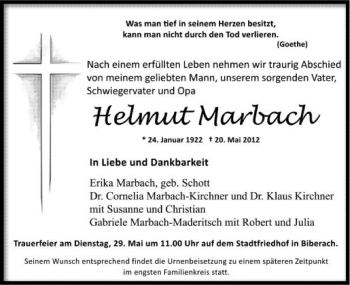 Anzeige von Helmut Marbach von Schwäbische Zeitung