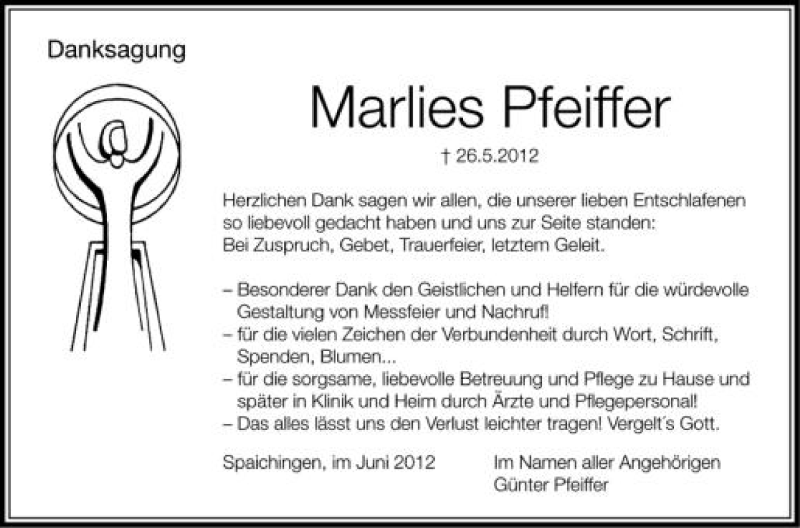  Traueranzeige für Marlies Pfeiffer vom 06.06.2012 aus Schwäbische Zeitung