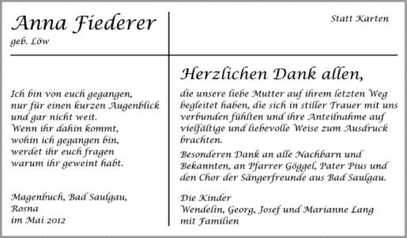  Traueranzeige für Anna Fiederer vom 03.05.2012 aus Schwäbische Zeitung