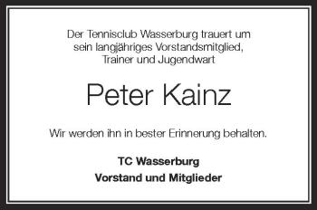 Anzeige von Peter Kainz von Schwäbische Zeitung