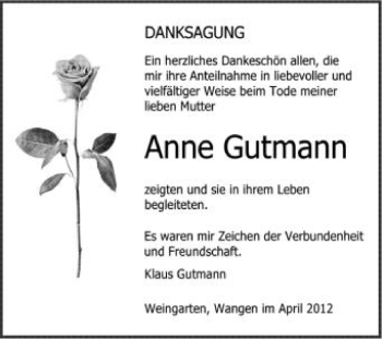 Anzeige von Anne Gutmann von Schwäbische Zeitung
