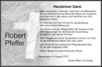 Anzeige von Robert Pfeffer von Schwäbische Zeitung