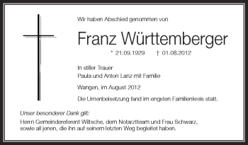 Anzeige von Franz Württemberger von Schwäbische Zeitung