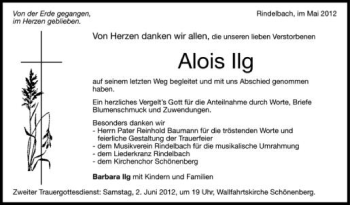 Anzeige von Alois Ilg von Schwäbische Zeitung