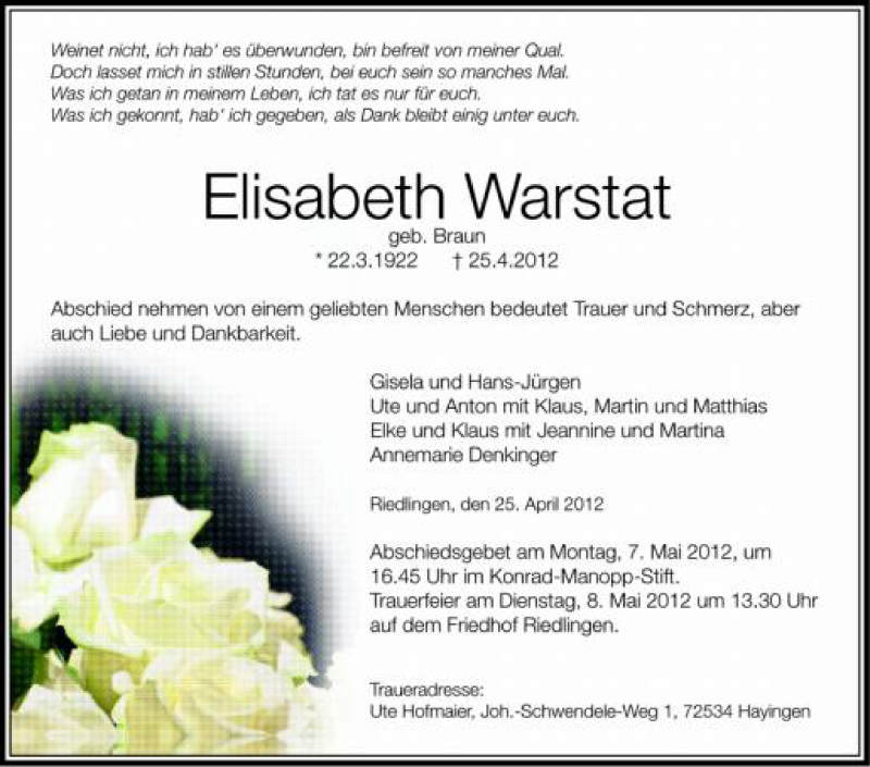  Traueranzeige für Elisabeth Warstat vom 05.05.2012 aus Schwäbische Zeitung