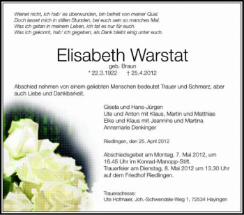Anzeige von Elisabeth Warstat von Schwäbische Zeitung