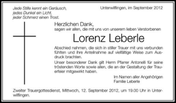 Anzeige von Lorenz Leberle von Schwäbische Zeitung