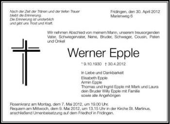 Anzeige von Werner Epple von Schwäbische Zeitung