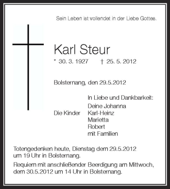 Anzeige von Karl Steuer von Schwäbische Zeitung