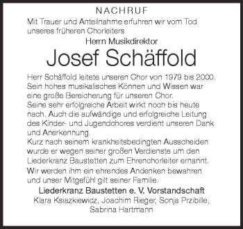 Anzeige von Josef Schäffold von Schwäbische Zeitung