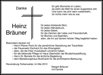 Anzeige von Heinz Bräuner von Schwäbische Zeitung
