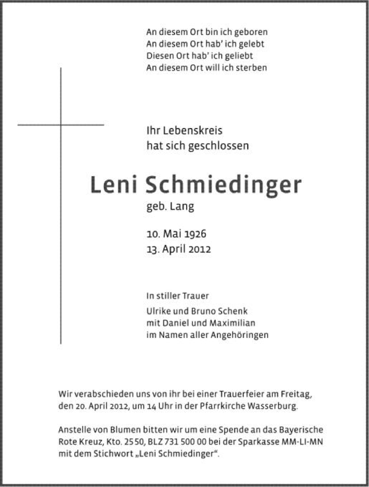  Traueranzeige für Leni Schmiedinger vom 17.04.2012 aus Schwäbische Zeitung
