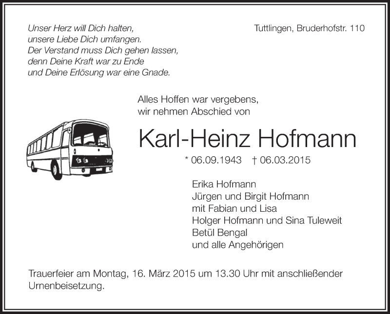  Traueranzeige für Karl-Heinz Hofmann vom 10.03.2015 aus Schwäbische Zeitung