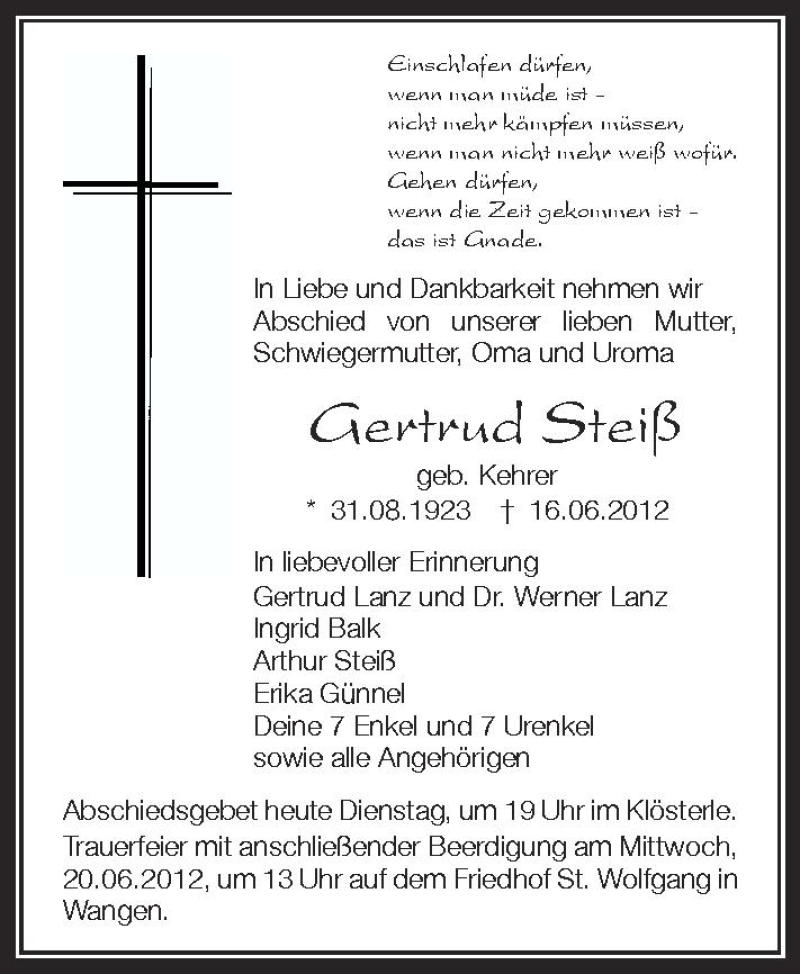  Traueranzeige für Gertrud Steiß vom 19.06.2012 aus Schwäbische Zeitung