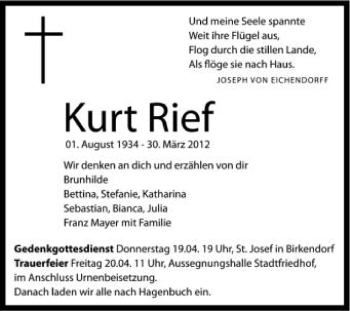 Anzeige von Kurt Rief von Schwäbische Zeitung