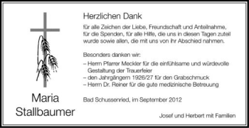 Anzeige von Maria Stallbaumer von Schwäbische Zeitung