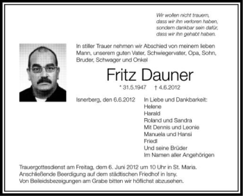 Anzeige von Fritz Dauner von Schwäbische Zeitung