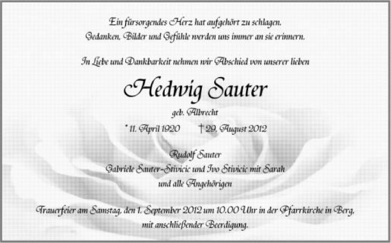  Traueranzeige für Hedwig Sauter vom 31.08.2012 aus Schwäbische Zeitung