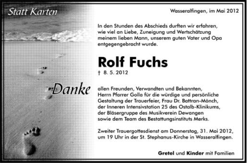  Traueranzeige für Rolf Fuchs vom 29.05.2012 aus Schwäbische Zeitung