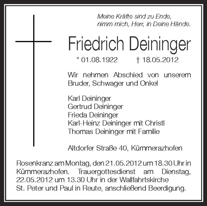  Traueranzeige für Friedrich Deininger vom 21.05.2012 aus Schwäbische Zeitung