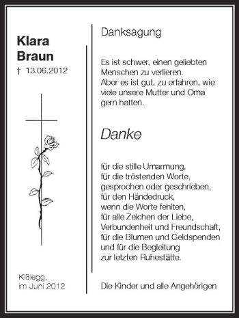 Anzeige von Klara Braun von Schwäbische Zeitung
