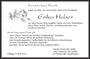 Anzeige von Erika Huber von Schwäbische Zeitung