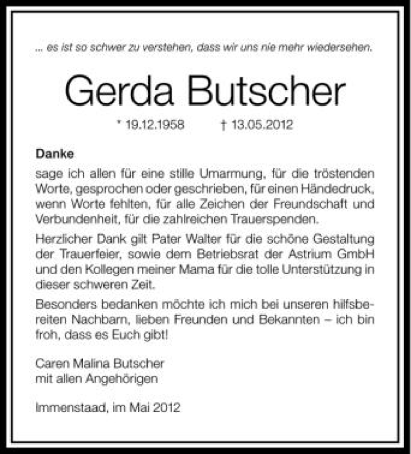  Traueranzeige für Gerda Butscher vom 01.06.2012 aus Schwäbische Zeitung