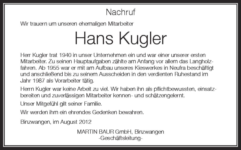  Traueranzeige für Hans Kugler vom 18.08.2012 aus Schwäbische Zeitung